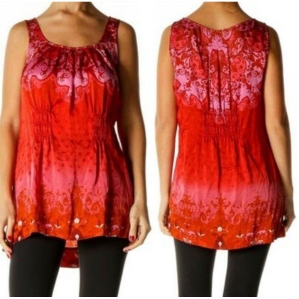 CAbi #672 True Love Silk Tunic Top Size M Red Pink Floral Sleeveless Pleated
